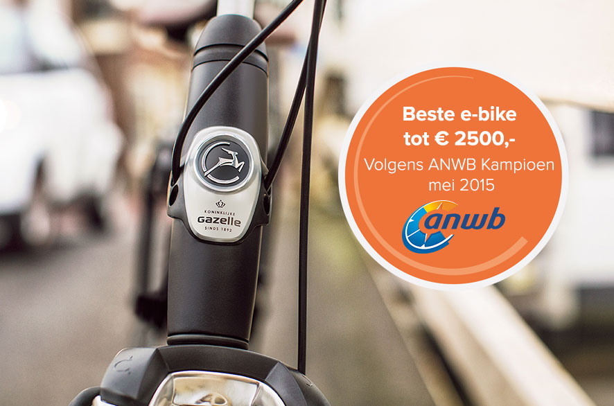 Gazelle Orange C7 HM is door ANWB Kampioen uitgeroepen tot Beste E-bike tot € 2500 in De Ultieme Elektrische Fietsen Test 2015.